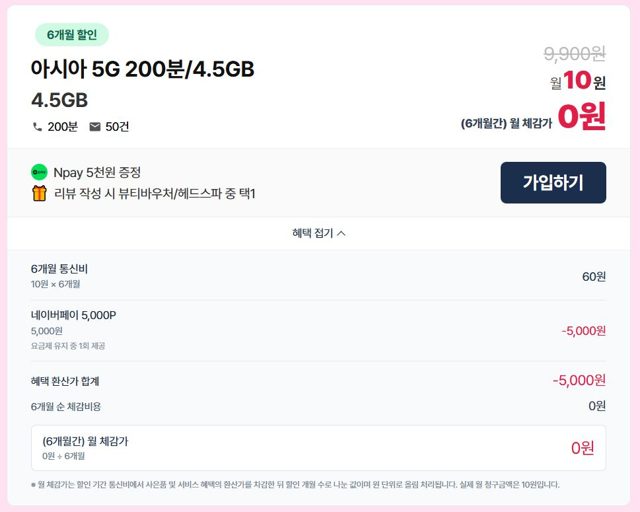 LG格安SIM 5G 10ウォン料金プラン / ネイバーペイ5,000ウォン支給、特典適用時「0ウォン」