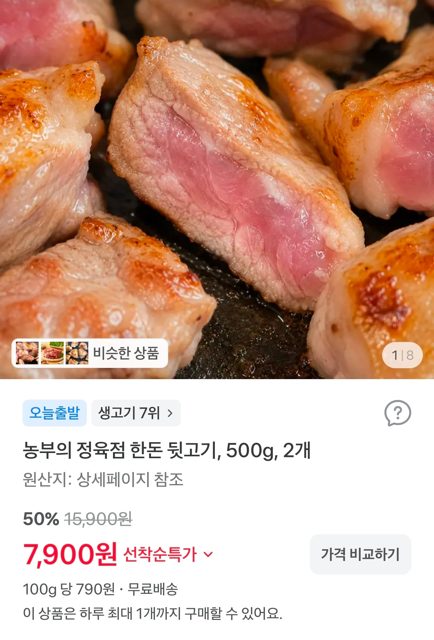 농부의 정육점 한돈 뒷고기, 500g, 2개